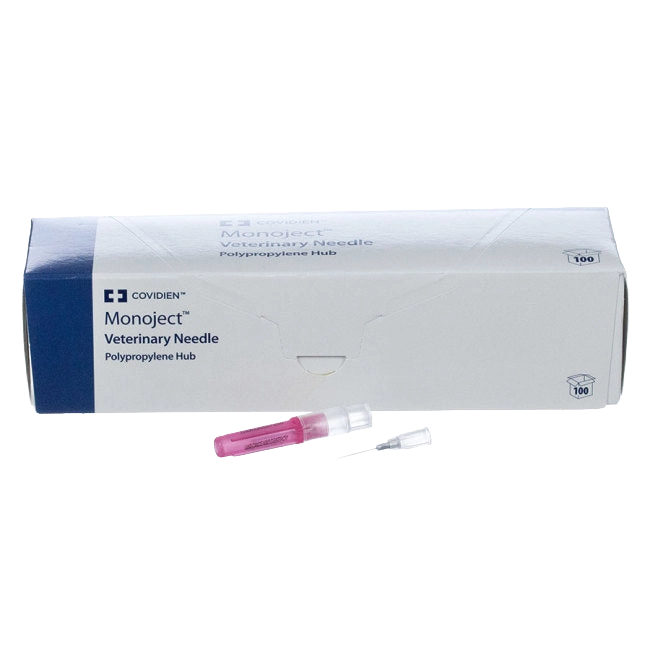 MonoJect™ Needles,"Box of veterinary needles with pink hub and protective cap"