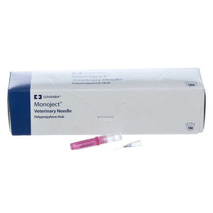 MonoJect™ Needles,"Box of veterinary needles with pink hub and protective cap"