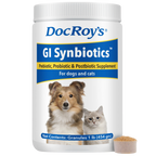 Doc Roy's® GI Synbiotics™,"White supplement tub with dog and cat image and measuring scoop"