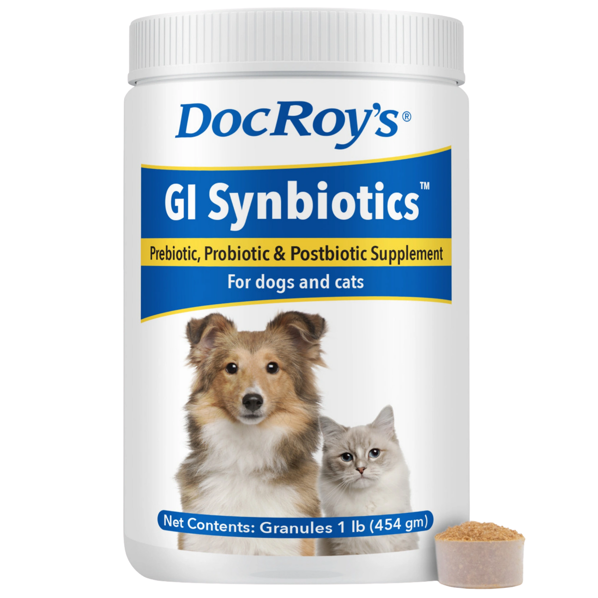 Doc Roy's® GI Synbiotics™,"White supplement tub with dog and cat image and measuring scoop"