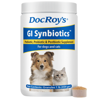 Doc Roy's® GI Synbiotics™,"White supplement tub with dog and cat image and measuring scoop"