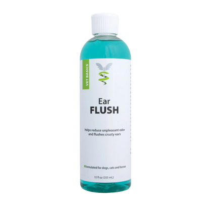 Vet Basics® Ear Flush,"Clear bottle with blue liquid and white screw cap"
