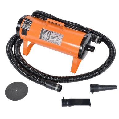 K-9 I Dog Dryer,"Orange dog dryer with hose and three nozzle attachments"