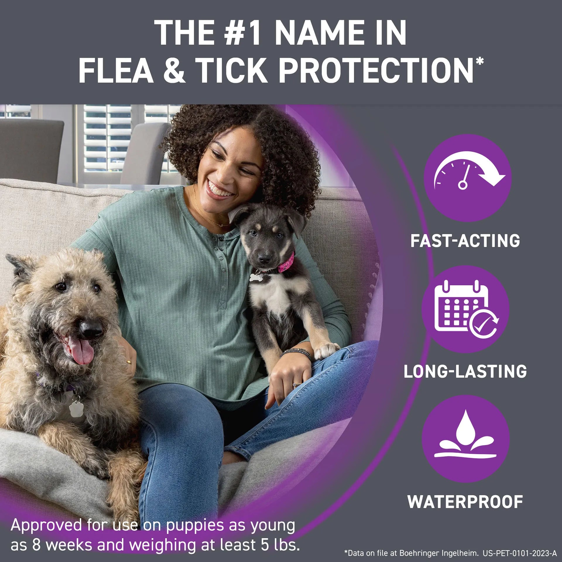 Frontline® Plus for Dogs,"Woman sitting on couch with two dogs and feature icons"