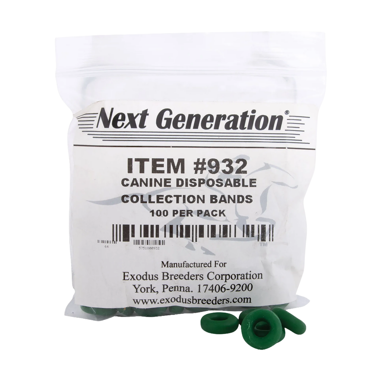 Collection Bands,"White pouch with green rubber collection bands"