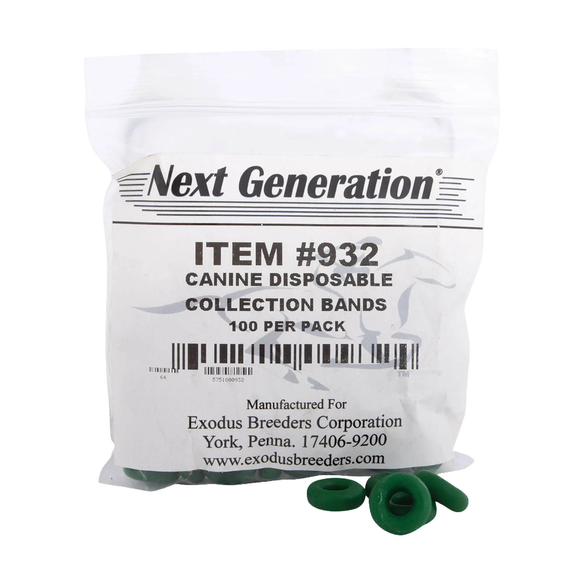 Collection Bands,"White pouch with green rubber collection bands"