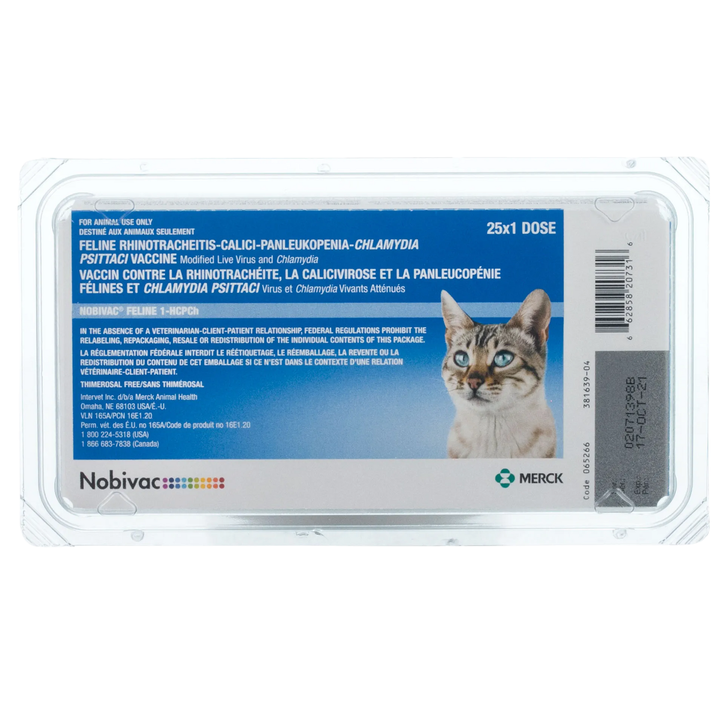 Nobivac® Feline 1-HCPCh,"Blue vaccine package in clear plastic tray with cat image"