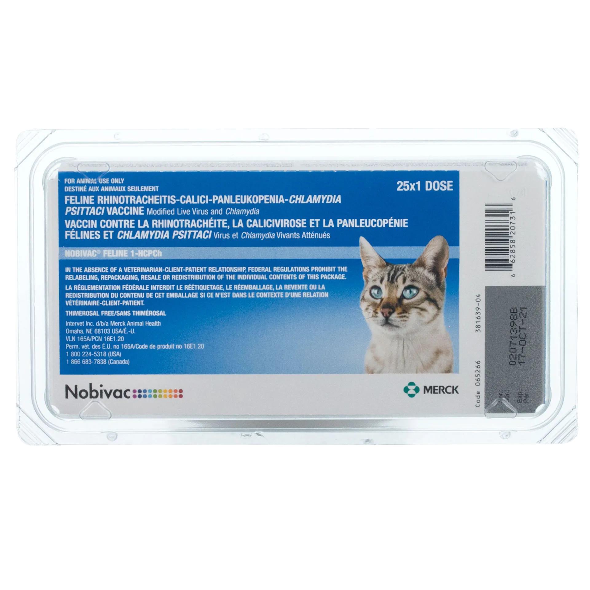 Nobivac® Feline 1-HCPCh,"Blue vaccine package in clear plastic tray with cat image"