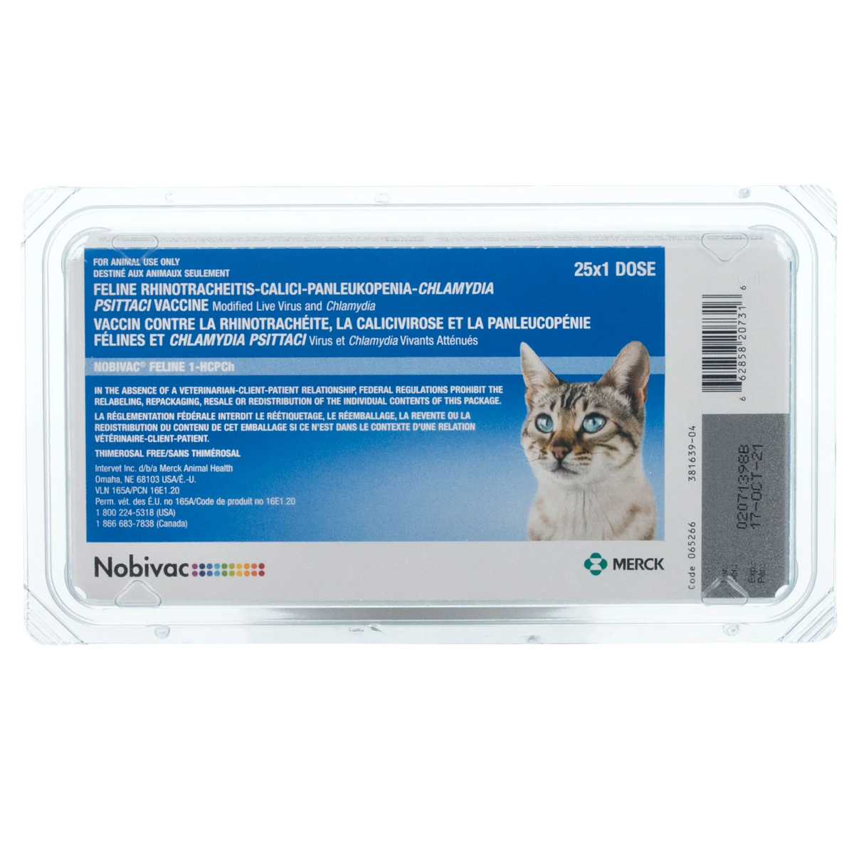 Nobivac® Feline 1-HCPCh,"Blue vaccine package in clear plastic tray with cat image"