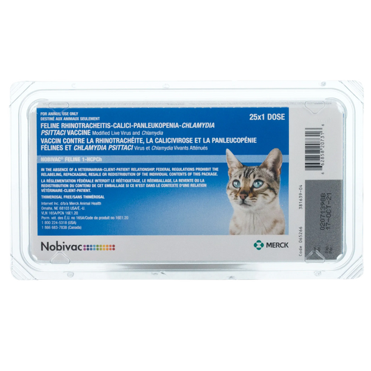 Nobivac® Feline 1-HCPCh,"Blue vaccine package in clear plastic tray with cat image"