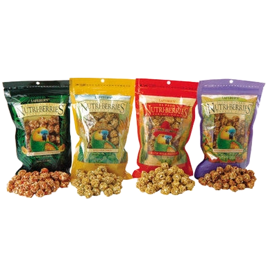 Lafeber Gourmet Nutri-Berries Variety Packs,"Four assorted treat bags with clustered bird treats in front"
