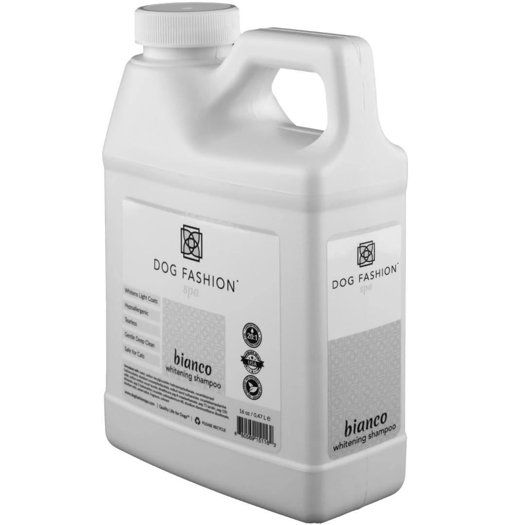 Bianco Whitening Shampoo,"White shampoo jug with handle and screw cap, angled front view"