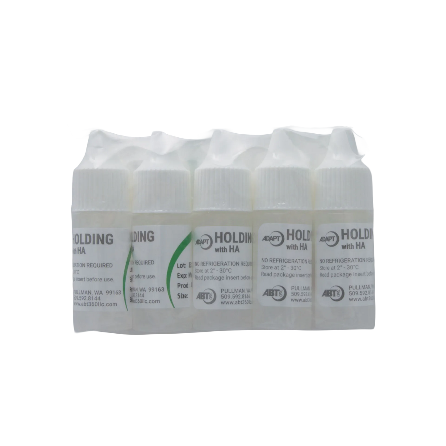 ABT360 Holding Media Adapt with HA,"Pack of small clear bottles with white caps in shrink wrap"