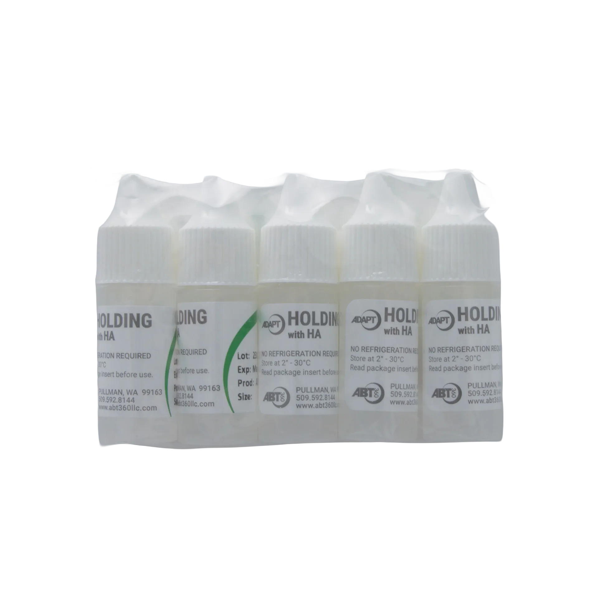 ABT360 Holding Media Adapt with HA,"Pack of small clear bottles with white caps in shrink wrap"