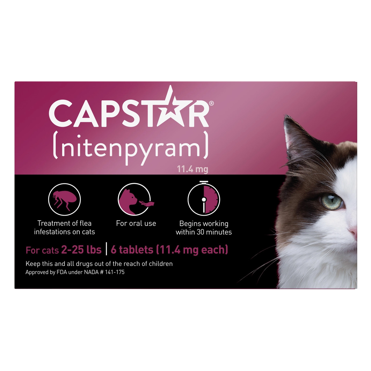 Capstar® Flea Oral Treatment for Cats,"Front of box with cat face and flea treatment icons"