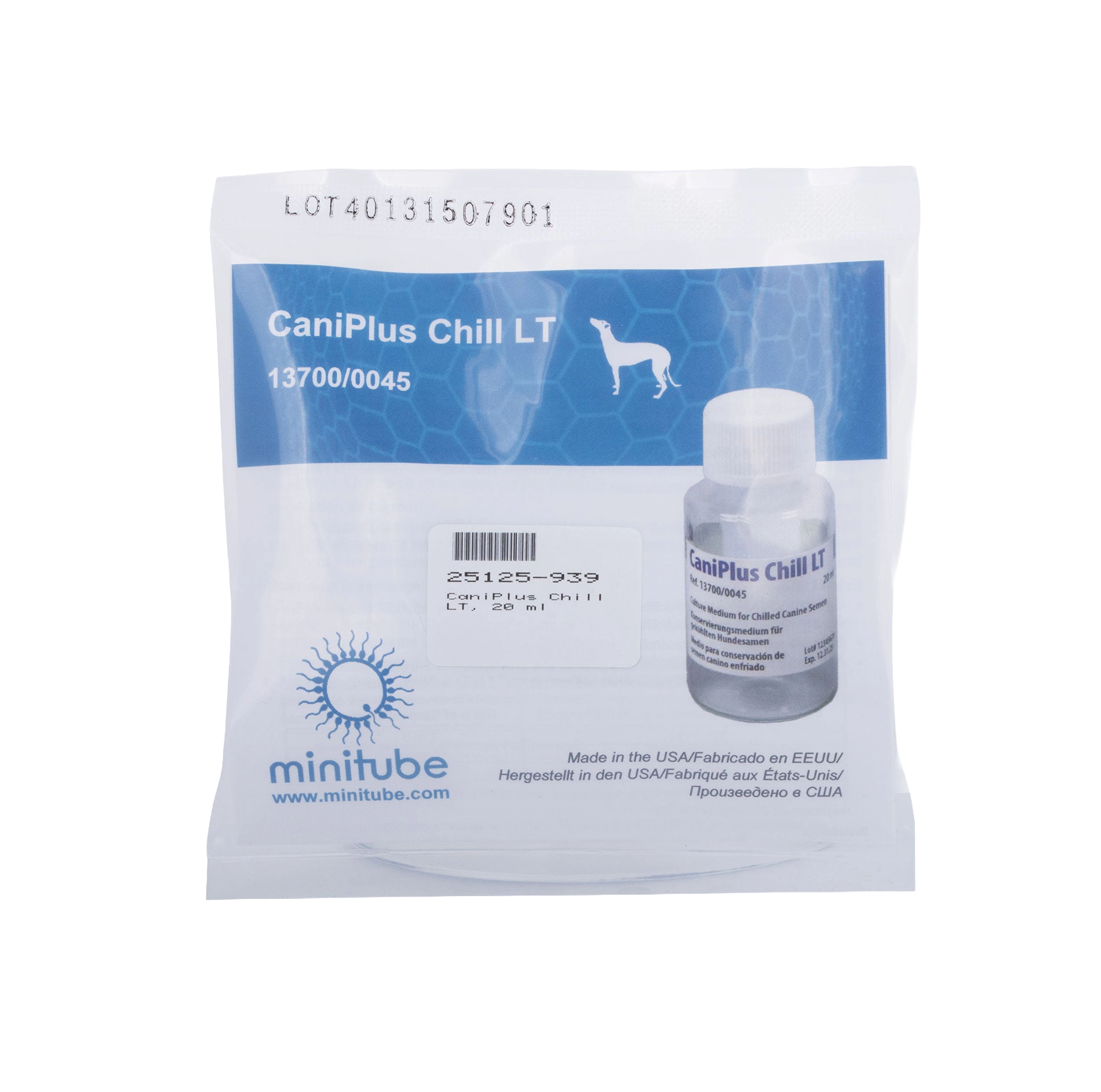 CaniPlus Chill,"White pouch with blue label and bottle image"
