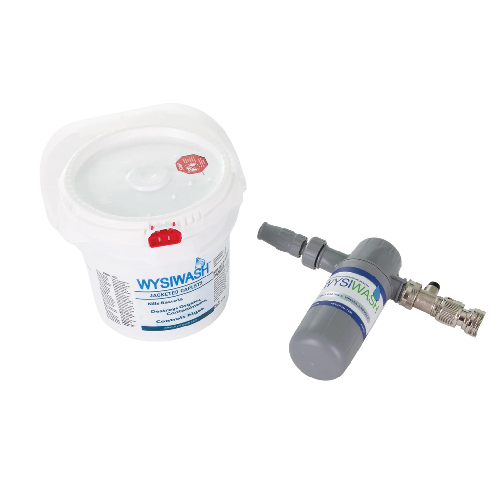 Wysiwash® Sanitizing System,"White bucket with lid and gray hose sprayer attachment"