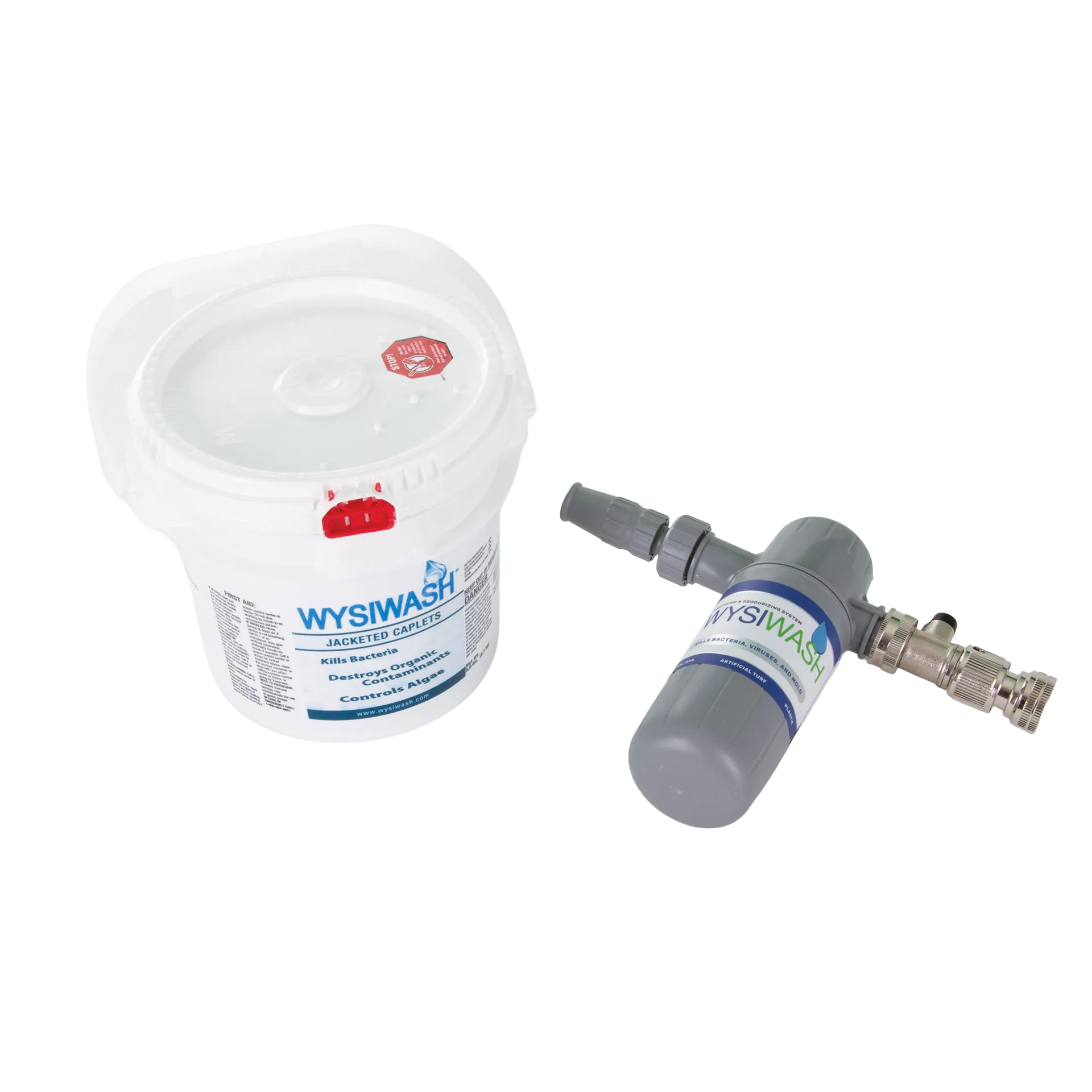 Wysiwash® Sanitizing System,"White bucket with lid and gray hose sprayer attachment"