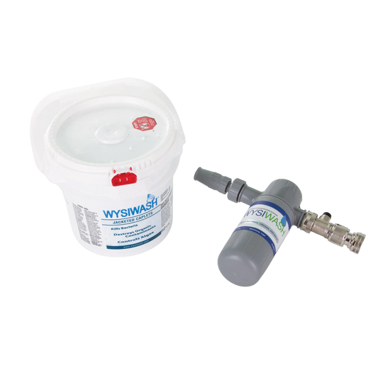 Wysiwash® Sanitizing System,"White bucket with lid and gray hose sprayer attachment"