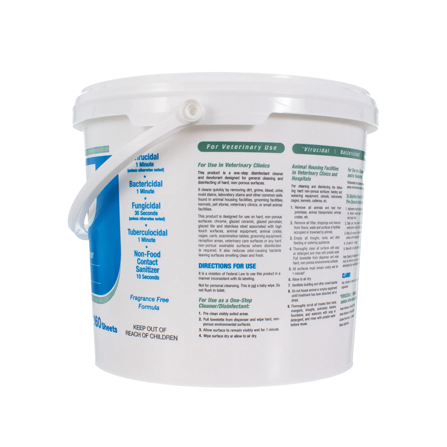 Rescue®  Disinfectant Cleaner,"White wipes bucket with handle and side label view"