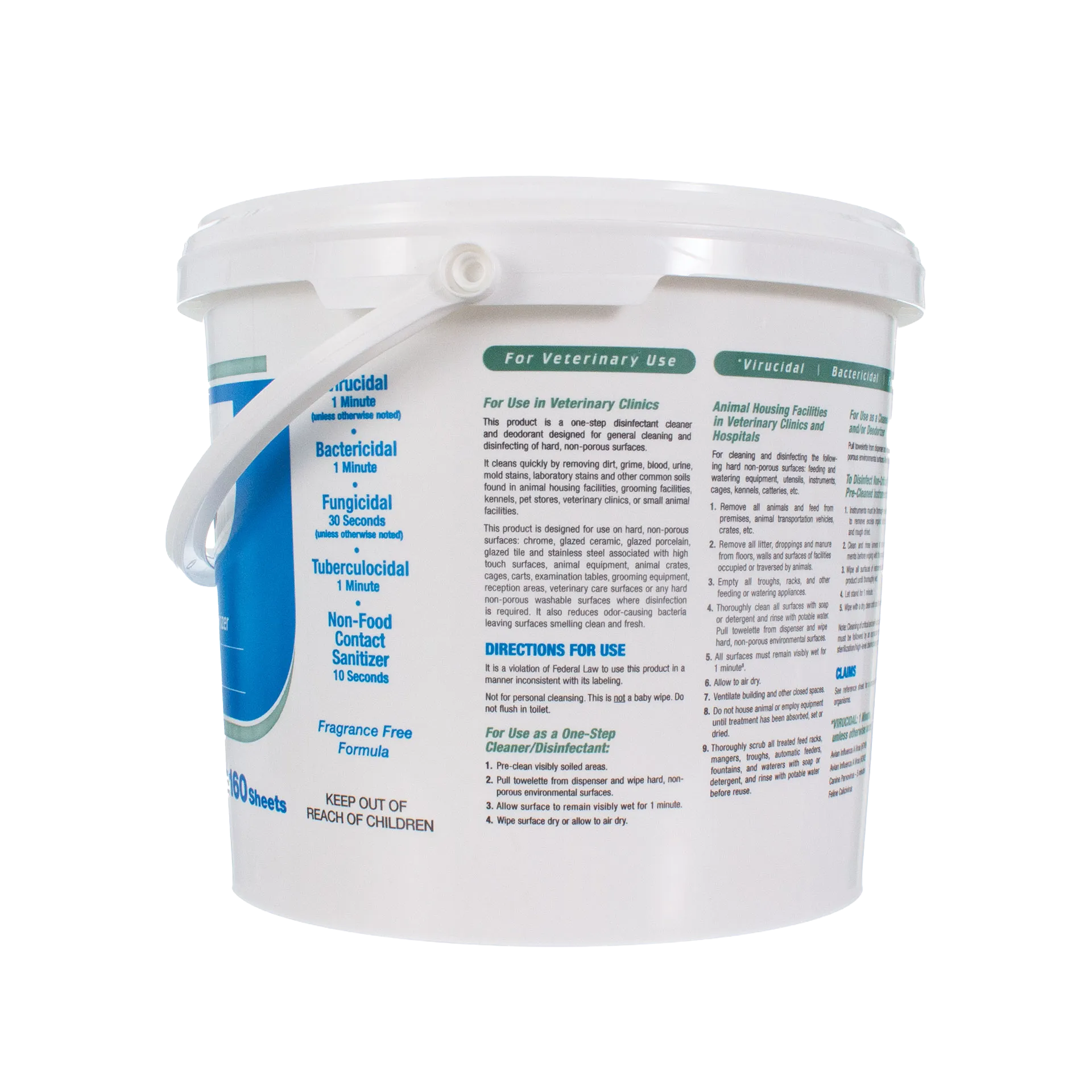 Rescue®  Disinfectant Cleaner,"White wipes bucket with handle and side label view"