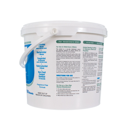 Rescue®  Disinfectant Cleaner,"White wipes bucket with handle and side label view"