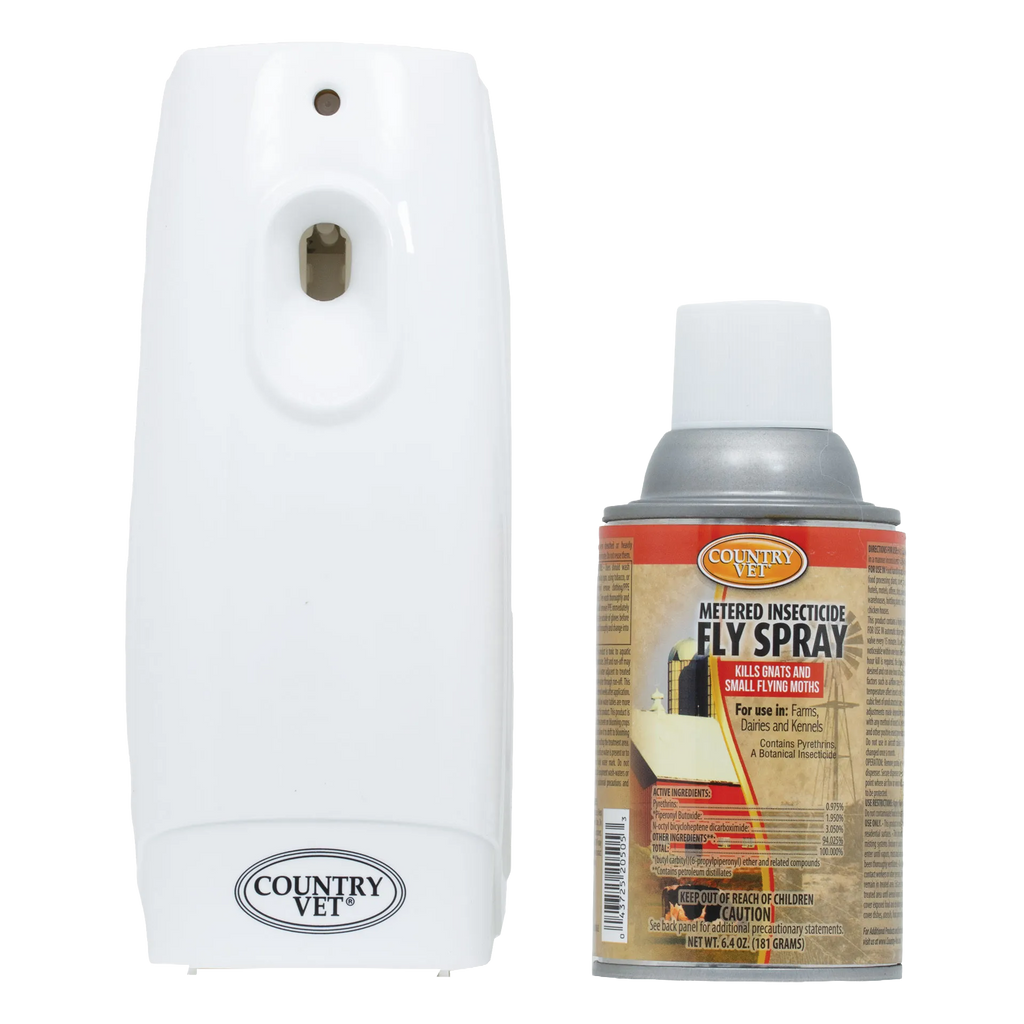 Country Vet Automatic Flying Insect Kill System,"White automatic dispenser with aerosol spray can"