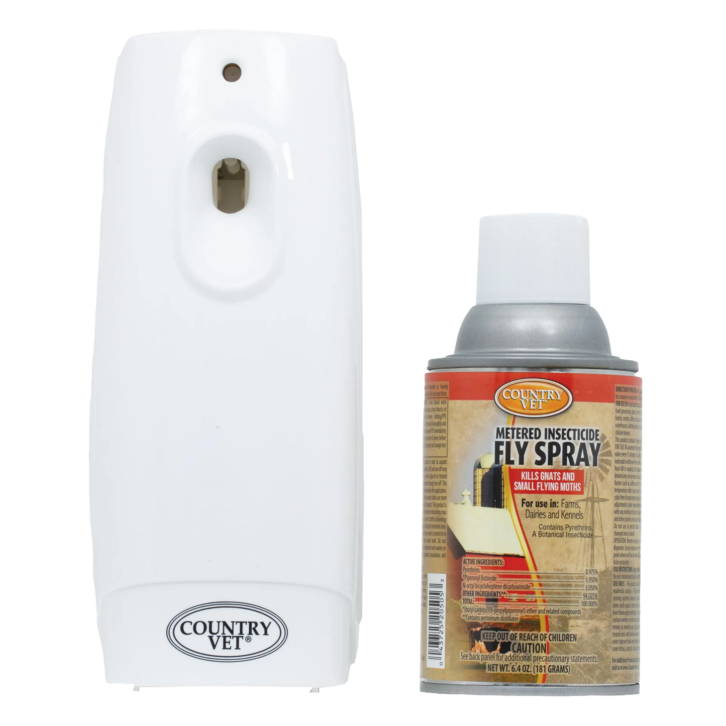 Country Vet Automatic Flying Insect Kill System,"White automatic dispenser with aerosol spray can"
