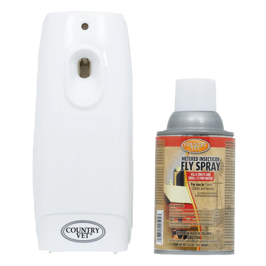 Country Vet Automatic Flying Insect Kill System,"White automatic dispenser with aerosol spray can"