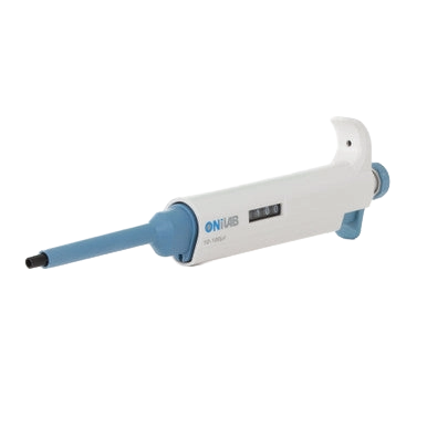 10-100ul Micropipettor,"White adjustable micropipettor with blue plunger and tip ejector"