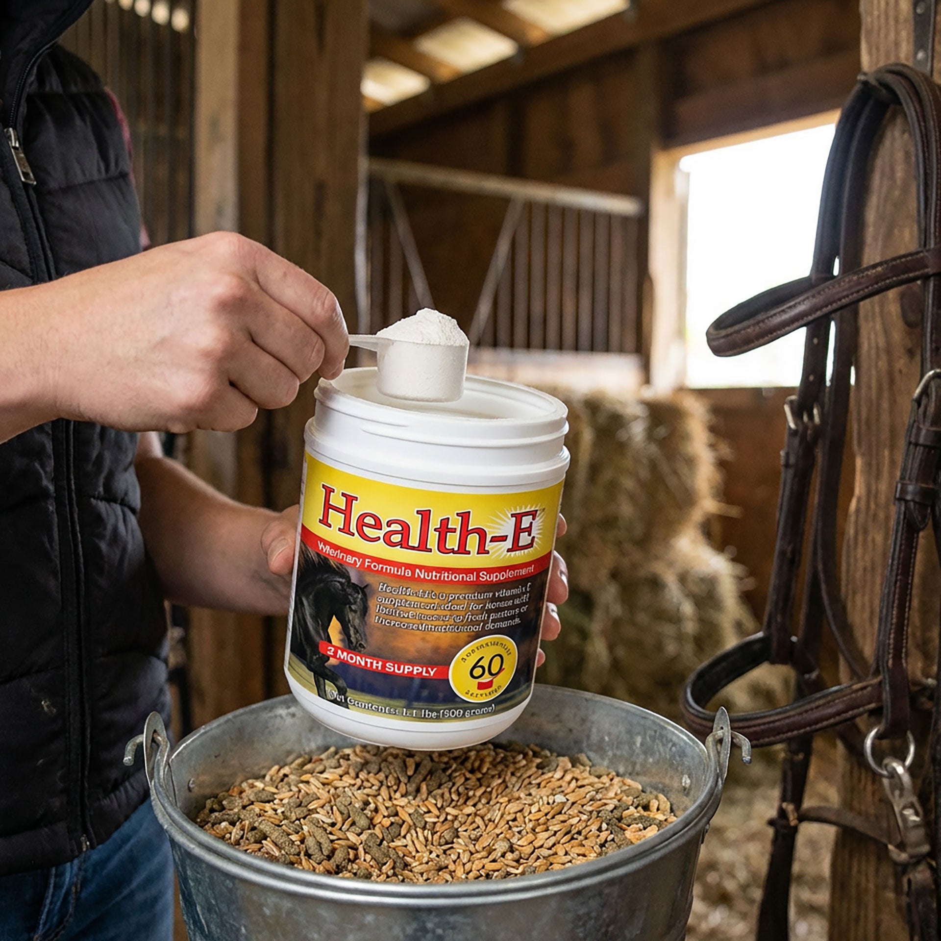 Health E™,"Open supplement tub with scoop of powder over horse feed"
