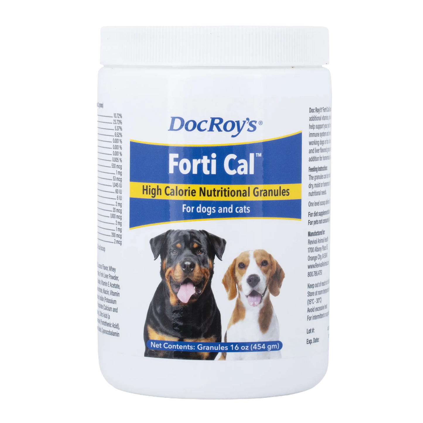 Doc Roy's® Forti Cal™,"White plastic jar with screw-top lid and dog images on label"