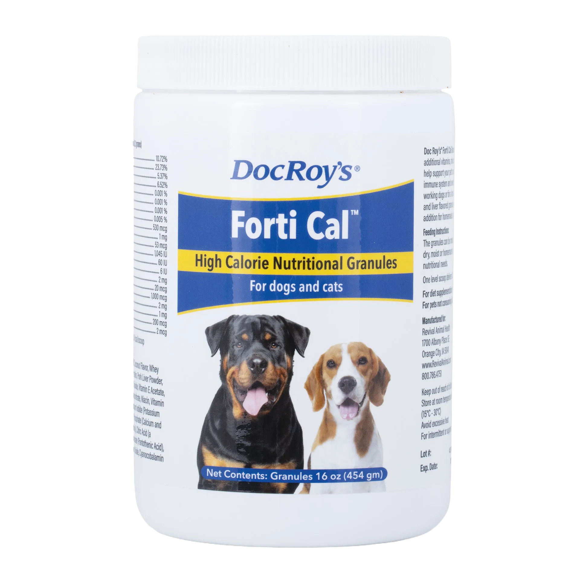 Doc Roy's® Forti Cal™,"White plastic jar with screw-top lid and dog images on label"