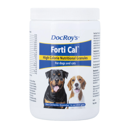 Doc Roy's® Forti Cal™,"White plastic jar with screw-top lid and dog images on label"