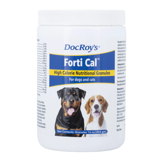 Doc Roy's® Forti Cal™,"White plastic jar with screw-top lid and dog images on label"