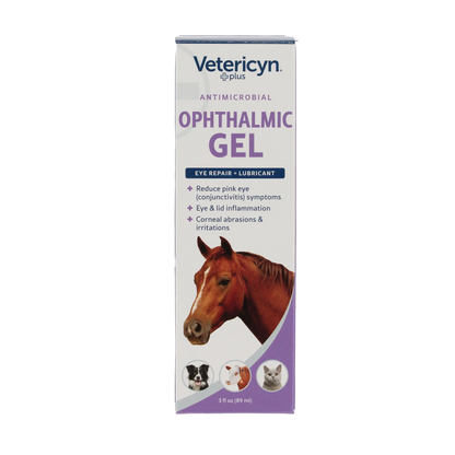 Vetericyn® Plus Animal Ophthalmic Gel,"Front of product box with horse, dog, cow, and cat images"