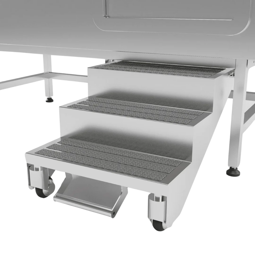Dog Grooming Stational Tub with Lift-up Door Silver by Waggz,"Pull-out three-step stairs with caster wheels"