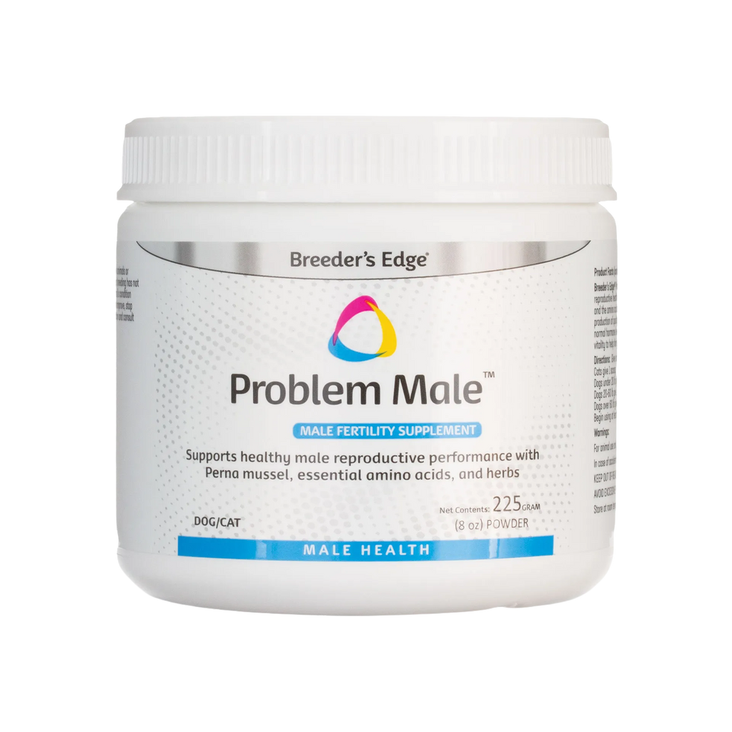 Breeder's Edge® Problem Male™,"White plastic powder jar with screw-top lid, front label view"