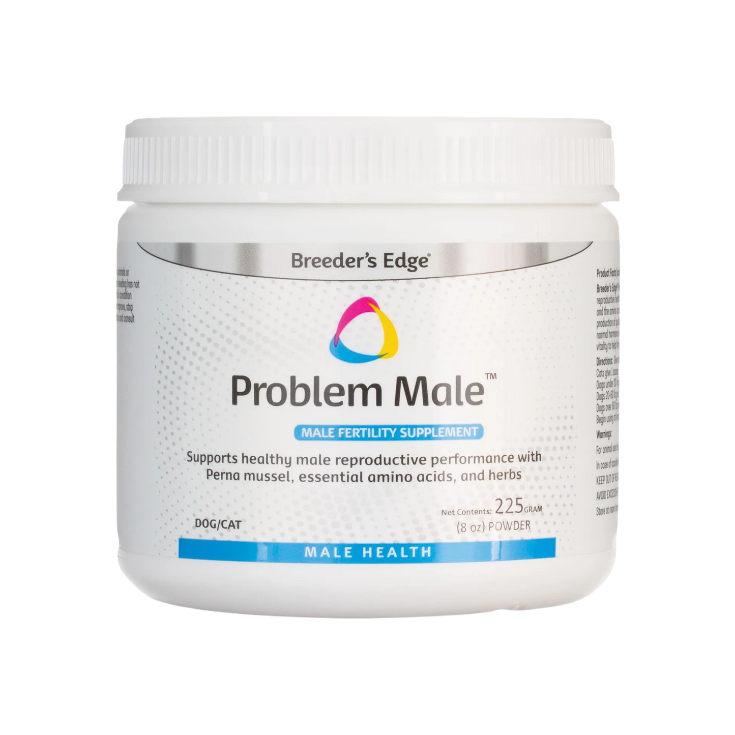 Breeder's Edge® Problem Male™,"White plastic powder jar with screw-top lid, front label view"