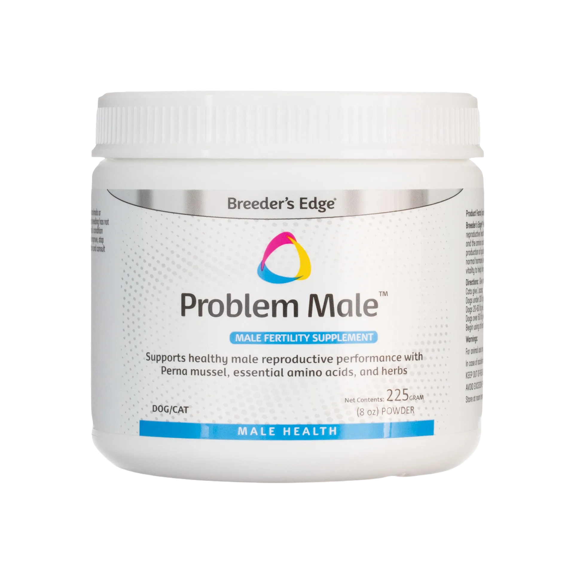 Breeder's Edge® Problem Male™,"White plastic powder jar with screw-top lid, front label view"