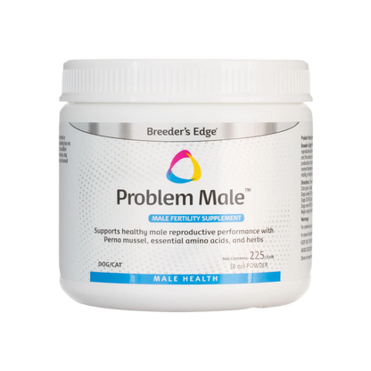 Breeder's Edge® Problem Male™,"White plastic powder jar with screw-top lid, front label view"