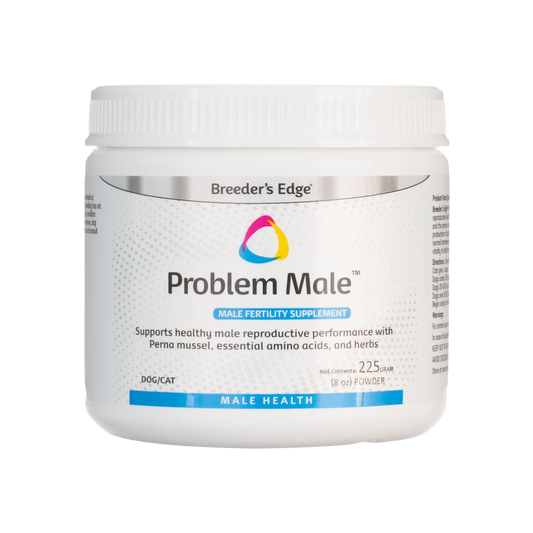 Breeder's Edge® Problem Male™,"White plastic powder jar with screw-top lid, front label view"