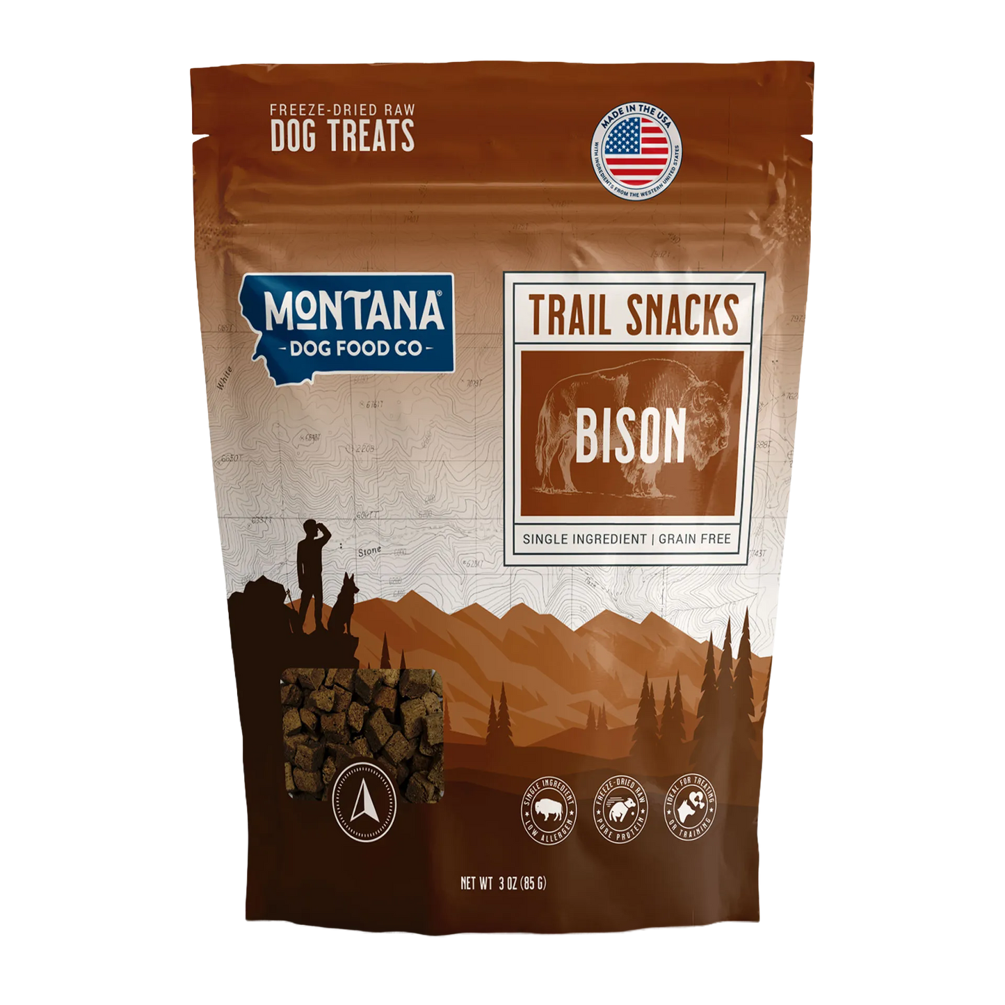 Trail Snacks: Freeze-Dried Raw Dog Treats,"Front of dog treat bag with bison graphic and clear treat window"