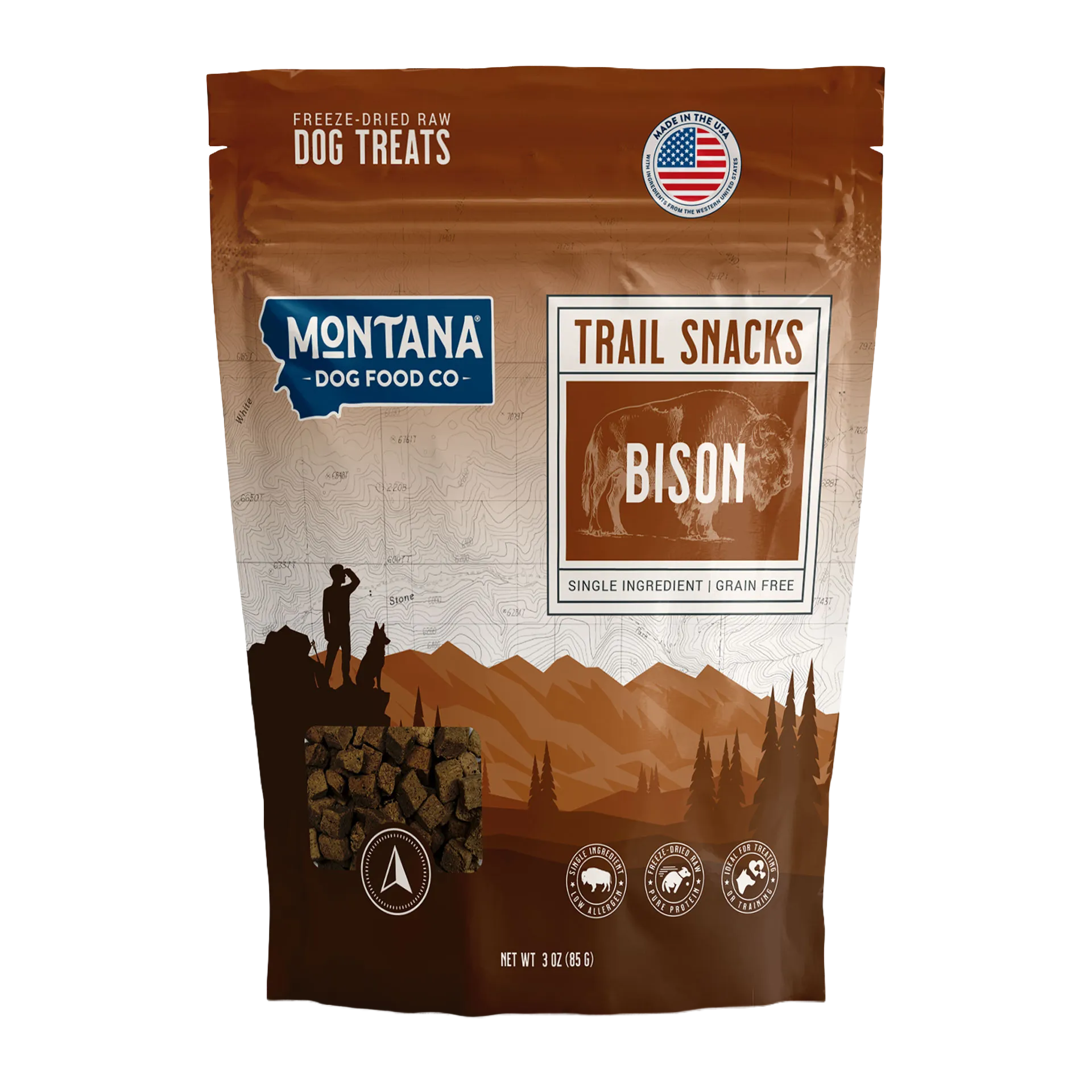 Trail Snacks: Freeze-Dried Raw Dog Treats,"Front of dog treat bag with bison graphic and clear treat window"