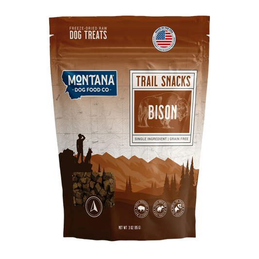 Trail Snacks: Freeze-Dried Raw Dog Treats,"Front of dog treat bag with bison graphic and clear treat window"