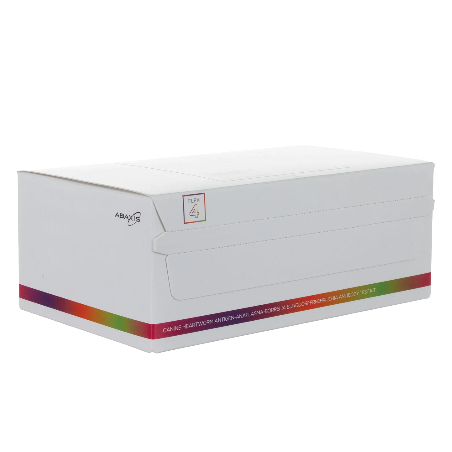 Abaxis Vetscan® Flex4 Rapid Test,"White test kit box with rainbow stripe, angled front view"