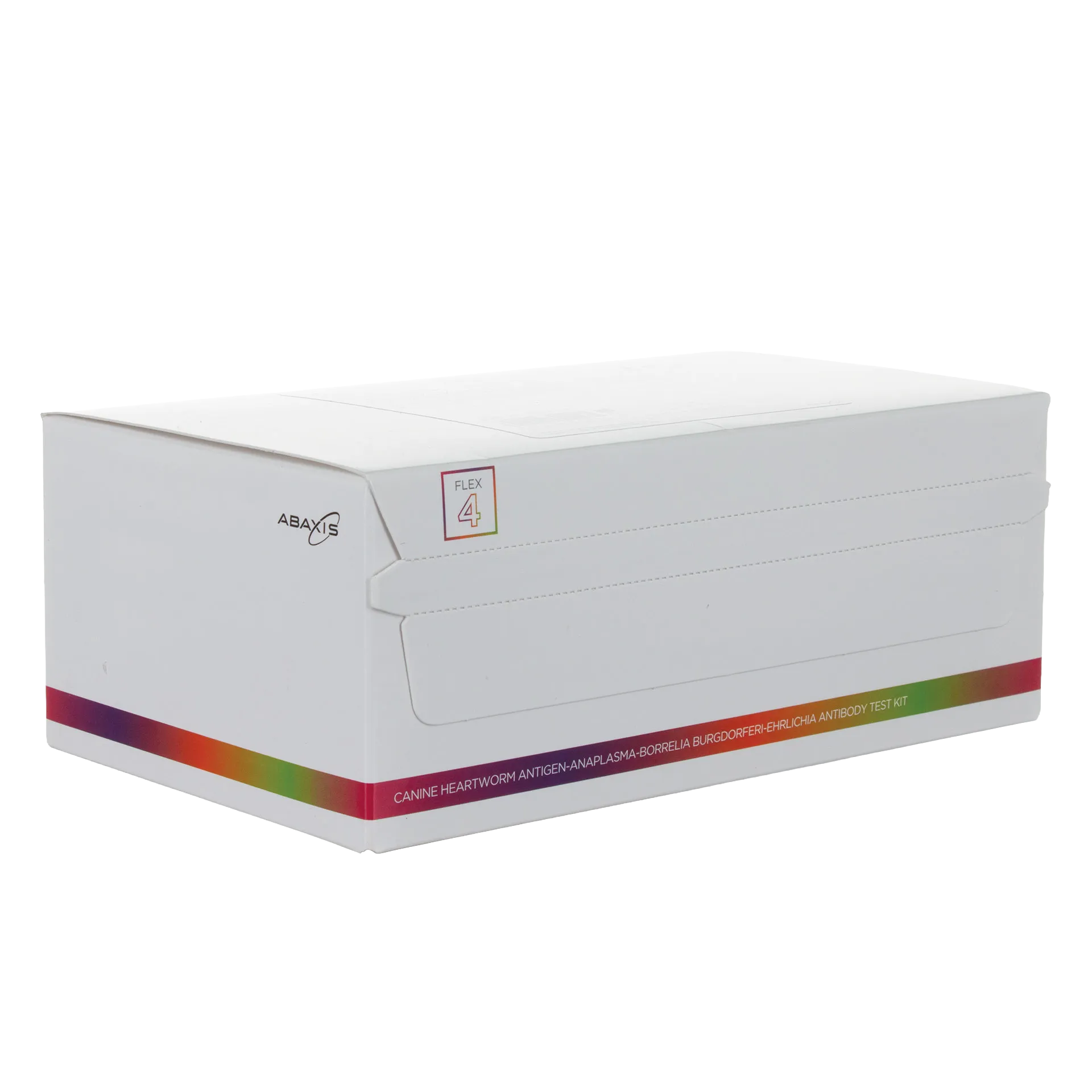 Abaxis Vetscan® Flex4 Rapid Test,"White test kit box with rainbow stripe, angled front view"