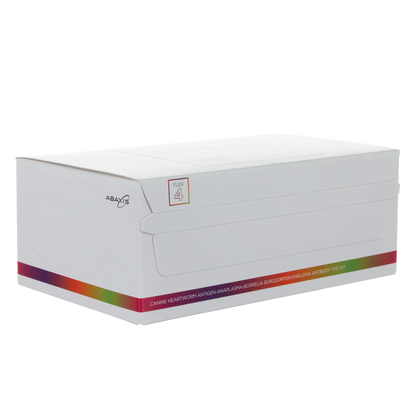 Abaxis Vetscan® Flex4 Rapid Test,"White test kit box with rainbow stripe, angled front view"