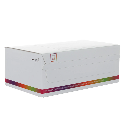 Abaxis Vetscan® Flex4 Rapid Test,"White test kit box with rainbow stripe, angled front view"