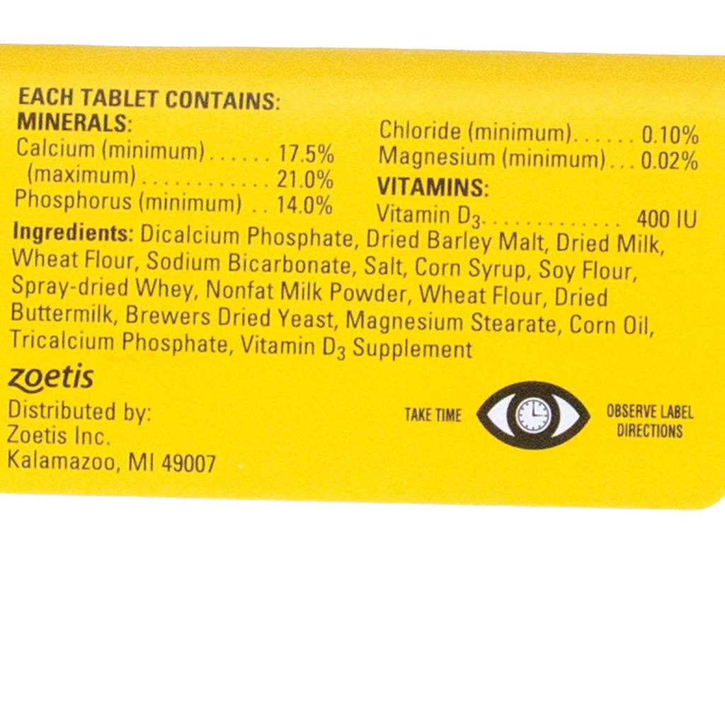 Pet-Cal® Tablets,"Back of yellow package with supplement facts panel"